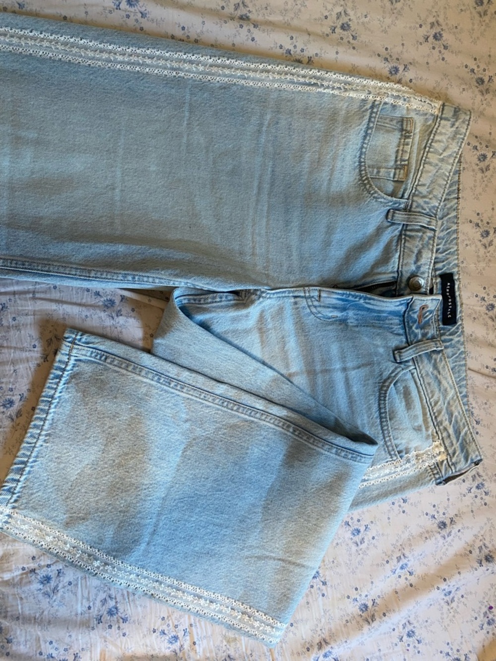 Aeropostale Light Blue Straight Leg Jeans with White Lace Trim